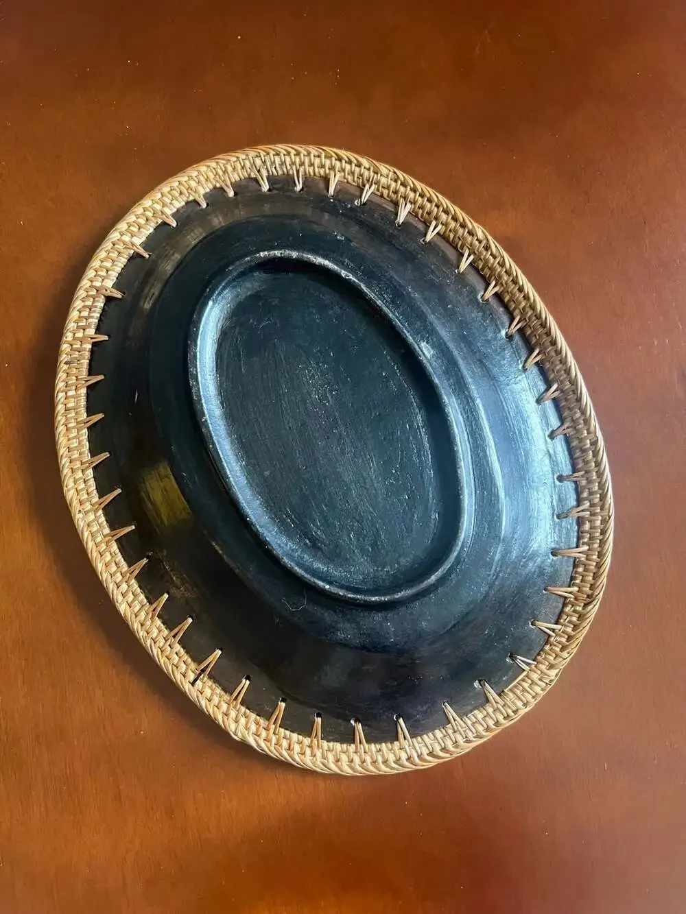 Brown Oval Bowl with Woven Rattan Trim Edging